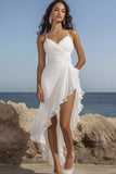 White Chiffon Asymmetrical V-Neck Ruffled Rehearsal Dinner Dress