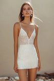 Leely Women Sparkly White Sequined Mini Graduation Dress V-Neck Spaghetti Straps Bodycon Little White Dress
