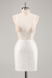 Leely Women Sparkly White Sequined Mini Graduation Dress V-Neck Spaghetti Straps Bodycon Little White Dress