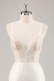 Sparkly White Sequined Mini V-Neck Bodycon Graduation Dress
