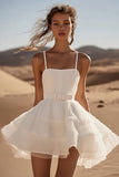 White A Line Mini Spaghetti Straps Graduation Dress with Belt