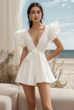 White Chiffon Mini V-Neck Ruffled A Line Graduation Dress