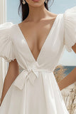 White Chiffon Mini V-Neck Ruffled A Line Graduation Dress