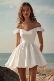 White Satin Mini Off the Shoulder A Line Graduation Dress