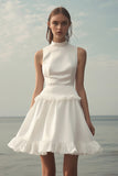 White Satin Short Sleeveless A Line Graduation Dress with Ruffles