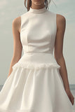 White Satin Short Sleeveless A Line Graduation Dress with Ruffles