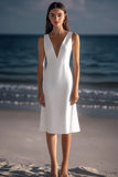 White Satin Sheath V-Neck Knee Length Graduation Dress