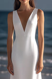 White Satin Sheath V-Neck Knee Length Graduation Dress