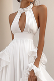 White A Line Keyhole Ruffled Maxi Rehearsal Dinner Dress with Slit