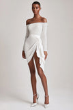 Sparkly Off the Shoulder Sequined Little White Dress with Long Sleeves