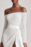 Sparkly Off the Shoulder Sequined Little White Dress with Long Sleeves