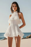 Sleeveless Ruffled Halter Mini A Line Little White Dress