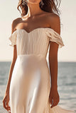 Ivory Satin A Line Off the Shoulder Long Formal Dress