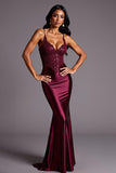 Burgundy Sheath Satin V-Neck Appliqued Long Formal Dress