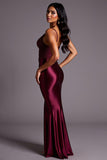 Burgundy Sheath Satin V-Neck Appliqued Long Formal Dress