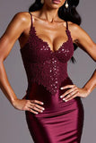 Burgundy Sheath Satin V-Neck Appliqued Long Formal Dress