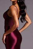Burgundy Sheath Satin V-Neck Appliqued Long Formal Dress