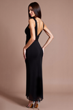 Black V-Neck Sheath Satin Long Formal Dress with Slit