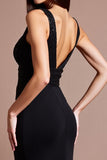 Black V-Neck Sheath Satin Long Formal Dress with Slit