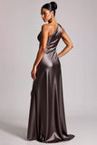 Dark Grey Sheath One Shoulder Ruched Long Formal Dress with Slit
