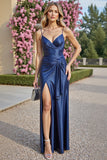 Navy Sheath Satin V-Neck Ruched Long Formal Dress with Slit