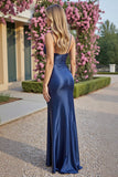 Navy Sheath Satin V-Neck Ruched Long Formal Dress with Slit