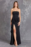 Black Sheath Satin Strapless Ruffled Maxi Formal Dress with Slit