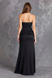 Black Sheath Satin Strapless Ruffled Maxi Formal Dress with Slit