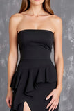 Black Sheath Satin Strapless Ruffled Maxi Formal Dress with Slit