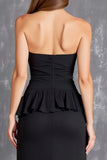 Black Sheath Satin Strapless Ruffled Maxi Formal Dress with Slit