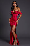 Red Sheath Satin Off the Shoulder Ruffled Maxi Formal Dress with Slit