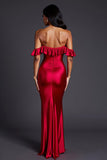 Red Sheath Satin Off the Shoulder Ruffled Maxi Formal Dress with Slit