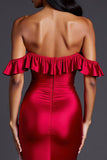 Red Sheath Satin Off the Shoulder Ruffled Maxi Formal Dress with Slit