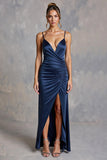 Navy V-Neck Ruched Sheath Satin Maxi Formal Dress with Slit