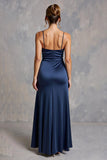 Navy V-Neck Ruched Sheath Satin Maxi Formal Dress with Slit