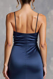 Navy V-Neck Ruched Sheath Satin Maxi Formal Dress with Slit