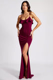 Burgundy Sheath Spaghetti Straps Ruffled Long Formal Dress with Slit