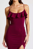 Burgundy Sheath Spaghetti Straps Ruffled Long Formal Dress with Slit