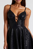 Black Sequined A Line Mini Little Black Dress