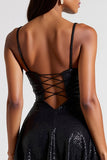 Black Sequined A Line Mini Little Black Dress