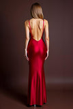 Red Sheath Satin Spaghetti Straps Long Backless Formal Dress with Slit