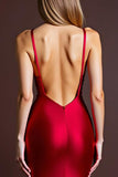 Red Sheath Satin Spaghetti Straps Long Backless Formal Dress with Slit