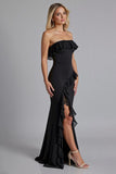 Black Strapless Chiffon Sheath Ruffled Long Formal Dress with Slit