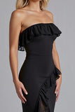 Black Strapless Chiffon Sheath Ruffled Long Formal Dress with Slit