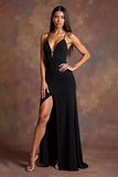 Black Spaghetti Straps Sheath Long Formal Dress with Slit