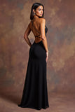 Black Spaghetti Straps Sheath Long Formal Dress with Slit