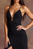 Black Spaghetti Straps Sheath Long Formal Dress with Slit