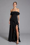 Off the Shoulder Black Chiffon Ruffled A Line Long Formal Dress with Slit