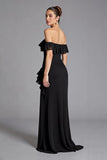 Off the Shoulder Black Chiffon Ruffled A Line Long Formal Dress with Slit