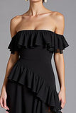 Off the Shoulder Black Chiffon Ruffled A Line Long Formal Dress with Slit